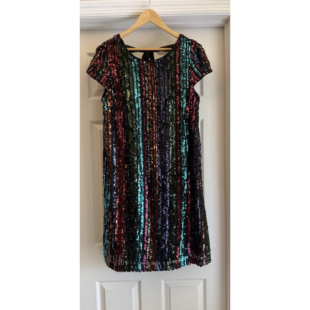 Maia Sequin Shift Dress Womens 14 Multicolor Striped Cap Sleeve Back Tie Mini